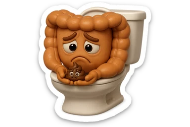 emoji stile iphone di un intestino realistico 3d che esce dal wc con in mano una montagnetta di feci con espressione triste a palline, iperrealistico 4k sticker