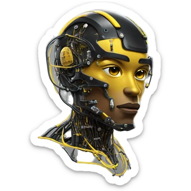 Black and yellow cyborg head with football helmet and circuits sticker