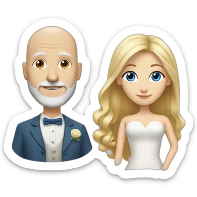 Blonde woman with blue eyes marries an older man with no hair and a gray beard sticker