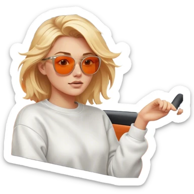 A cinematic realistic blonde in sunglasses, wearing a white sweatshirt, is driving an orange car, her hair is slightly blowing in the wind. sticker