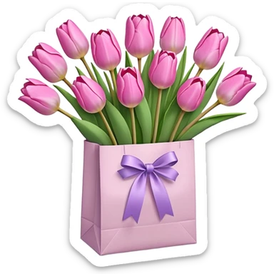 a bouquet of pink tulips in a white paper bag tied with a pink ribbon, 3D iOS emoji style, pastel pinks and lavenders, softest shadows, clean and airy look sticker