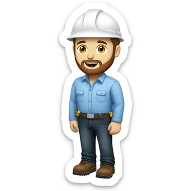 Mid white engineer wearing light blue blouse and black jeans and brown safety shoes and  white helmet and he has a slight beard  sticker