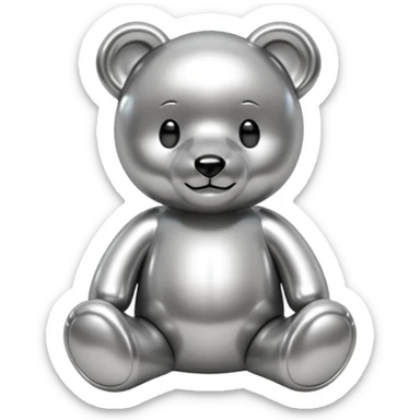 A cute teddy bear emoji made of liquid silver chrome, smooth rounded body, glossy metallic surface, soft reflections, friendly proportions, iOS emoji style, centered, clean white background sticker