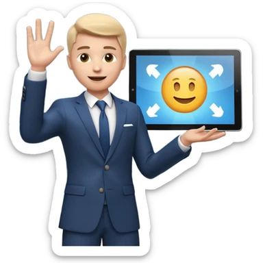 A stylized 3D emoji icon of a charismatic young male presenter on a stage, holding a tablet and gesturing enthusiastically towards a large screen behind him. The screen displays a glowing, futuristic Microsoft logo (the four squares) sticker
