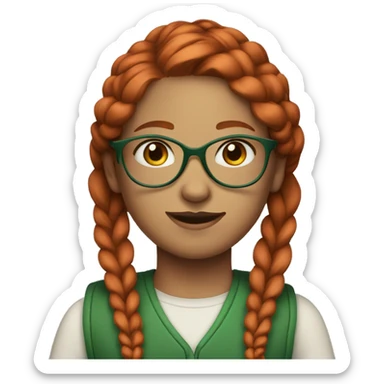 Girl with red hair in two braids. Blue eyes. Glasses and wearing a green vest  sticker