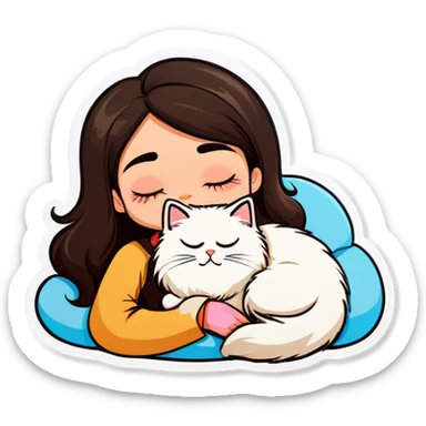 brunette tan girl sleeping with her Himalayan cat   sticker