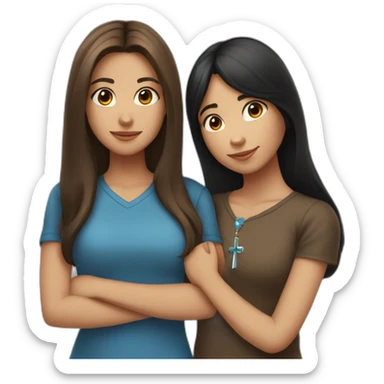 one girl with long brown hair wearing a cross necklace and one girl with medium black hair wearing a blue shirt hugging sticker