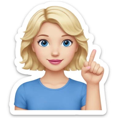 Girl Blonde short wavy hair,  blue eyes, cute blue top, long lashes, pink lips, smiling, fist bump sticker