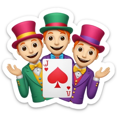 3 poker cards, with crazy colorful human jolly jokers inside, puppets in the hand sticker