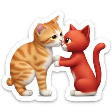 A small tricolour kitty playing with a big red cat sticker