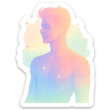 confident male figure with a pastel aura and subtle sparkle, embodying beauty and magnetic charm, in a minimalist silhouette sticker