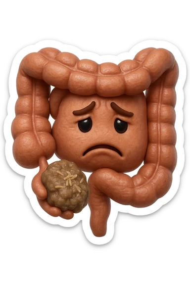 EMOJI STILE IPHONE 3D DI un intestino con espressione triste mentre tiene in mano delle fibre fermentate a poltiglia, FALLO MOLTO REALISTICO IN 3D sticker