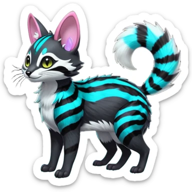 Fantasy abyssal pitch-Black-coated fur with glowing bioluminescent random colorful neon-markings divine beautiful elegant pretty precious cute young youthful  Fakémon-Pokémon-alien-opossum-feline-serval-caracal-chinchilla-Minccino-hybrid-creature with a big fluffy bushy striped tail (full body) sticker