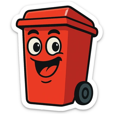 red trash bin, cartoon style, playful expression sticker