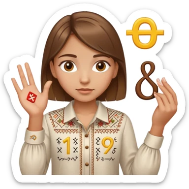 A Ukrainian girl with brown hair wearing an embroidered shirt holds mathematical symbols in her hand sticker