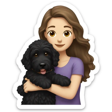 a white girl with long brown hair, hugging a black coated labradoodle. sticker