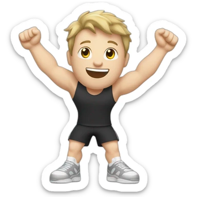 Joyful Celebrating victory Pale skinned Fit Man With the biceps and dark brown hair in black shirt, gray sports shorts and white Sneakers sticker