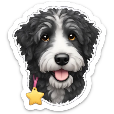 mostly black aussie doodle with a star-shaped tag sticker