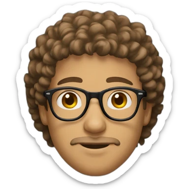 A guy with black round glasses, brown eyes, a small brown beard, curly brown hair, light skin in a black sweatshirt sticker