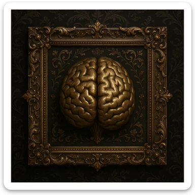 ultrarealistic 3D metallic old gold brain emoji symbolizing common sense, main symbol classic arcane mysterious, inside ornate gold frame echoing interior floral and arcane elements, set against dark black Victorian silk patterned background with ornate gothic florals, high definition, dramatic, mysterious, inspired by reference art sticker