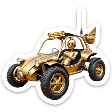  tarnished neon underglow C-3PO ghost buster 1964 delicately ornate rosegold wood accents painted dune buggy buckboard powered by electric motors and batteries with racing safety belts while flying rapidly roughening terrain stable on strong agile advanced suspension and steering sticker
