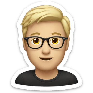 Blonde man in black jumper with clear glasses holding a white coffee cup sticker