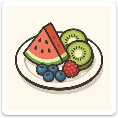 a plate with sliced watermelon kiwi and berries in 2D isometric illustration style sticker