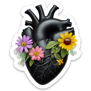 black anatomical heart with wildflowers sticker