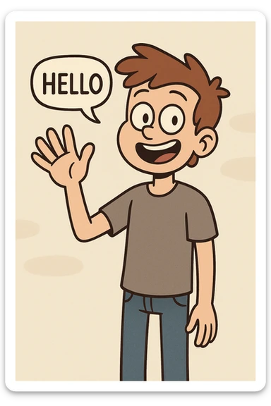 A boy grey shirt blue jeans a hand say hello  sticker