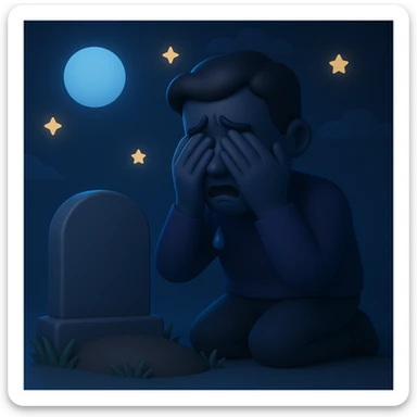 Make the scene night time with a man crying over a grave in the style of microsoft 3D fluent emojis. Focus on the night atmosphere and emotional expression, preserving the 3D emoji style. sticker