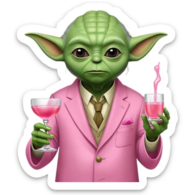 Master Yoda in pink suit, holding small pink tequila shot sticker