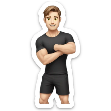Pale skinned Fit Man With the biceps and brown hair in black shirt, gray sports shorts and white Sneakers Writing text on the flipchart sticker