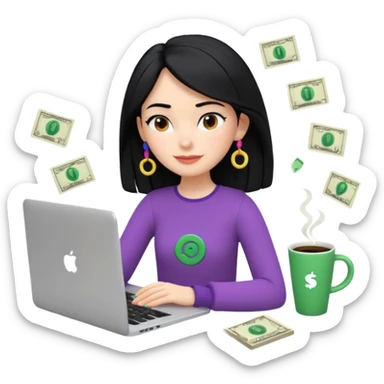 3D clay woman character relaxed with laptop and coffee in Paris, floating icons (dollars), colofrful modern outfit, white laptop, Pixar style, transparent background, black hair, fair skin,  sticker