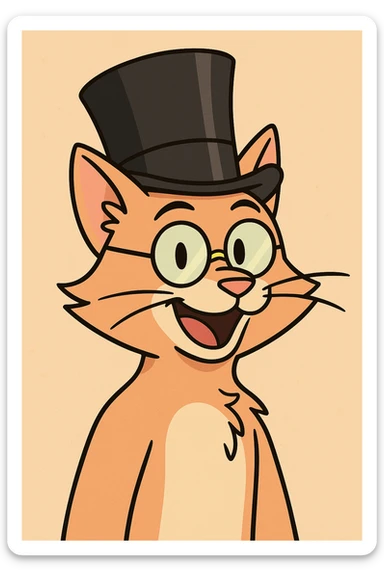 cat with a gibus hat and half moon glasses, playful cartoon style, vibrant and fun sticker
