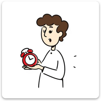 A man with brown hair holding a red alarm clock sticker