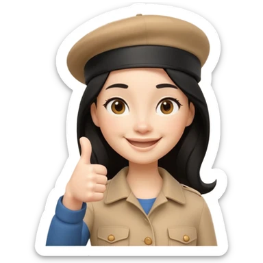 3D cartoon female character giving thumbs up, wearing beige beret, long black hair, smiling warmly with confident expression, clean white background, Pixar-style lighting, cute and friendly iPhone memoji aesthetic, high quality soft shading, centered composition sticker