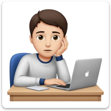 tired student with laptop, dark circles under eyes, window at night behind sticker