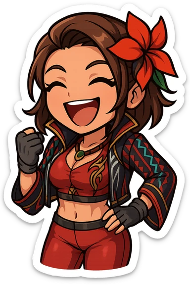 Azucena from Tekken 8 in chibi sticker style, laughing with eyes closed, standard Twitch emote, wearing her detailed red and patterned outfit as shown in the reference images. sticker
