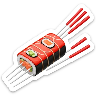 Japanese cuisine humanless avatar in minimalist emoji-style illustration. Sushi, roll and 2 chopsticks, clean lines, red white colors, flat design, calm and modern. sticker