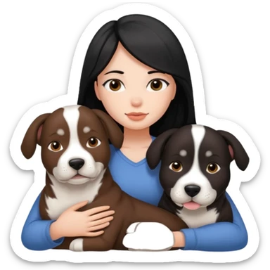 Girl with black long hair cuddels with two amstaffs black and brown sticker