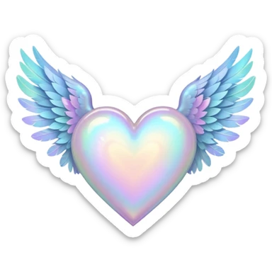 pale pastel holographic heart with feathery wings, iridescent glow sticker