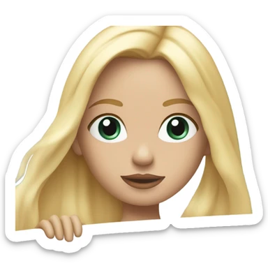 A French girl on a light blue surfboard. hazel eyes. Blond hair, pink lips sticker