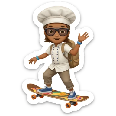 ["A happy boy with brown skin, straight hair, wearing a chef hat and sunglasses, dressed in hippie fashion, is skateboarding while holding a backpack."] sticker