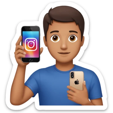 A man in frontal view holding up one iPhone toward the camera. The screen of the iPhone clearly displays the Instagram logo, brightly illuminated.  sticker