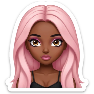  long hair, dark skin skin, dark brown eyes, pretty bratz baddie, black eyeliner, blush sticker