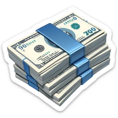 a neat bound stack of blue-and-white banknotes, koan bills , 90s futuristic, the band is dark gray sticker