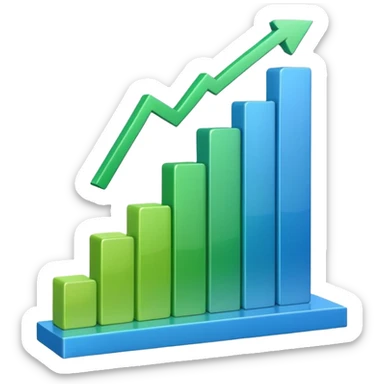 3D bar chart with upward trend, pie chart, colorful graphs, 
data visualization, blue and green colors, transparent background, 
emoji style, realistic, modern business analytics sticker