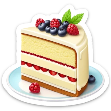 Cinematic luxurious slice of cake, delicate layers of moist sponge and rich frosting, beautifully decorated with fresh berries and a glossy glaze, soft glowing light, elegant and indulgent. sticker