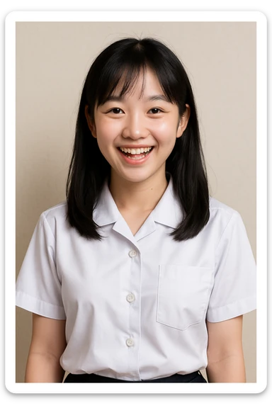 Asian girl, black hair, white skin, in a white school uniform, standing, cheerful expression sticker