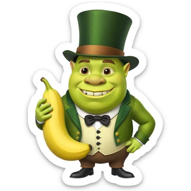 shrek with a top hat  holding a banana sticker